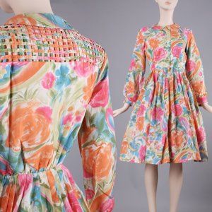 S/M Vintage 50s Pastel Floral Peter Pan Dress